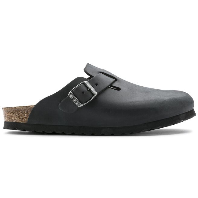 Black Birkenstock Boston oiled leather clog with adjustable buckle strap