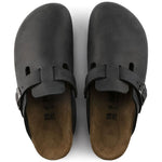 Black Birkenstock Boston oiled leather clogs with adjustable strap and cork footbed