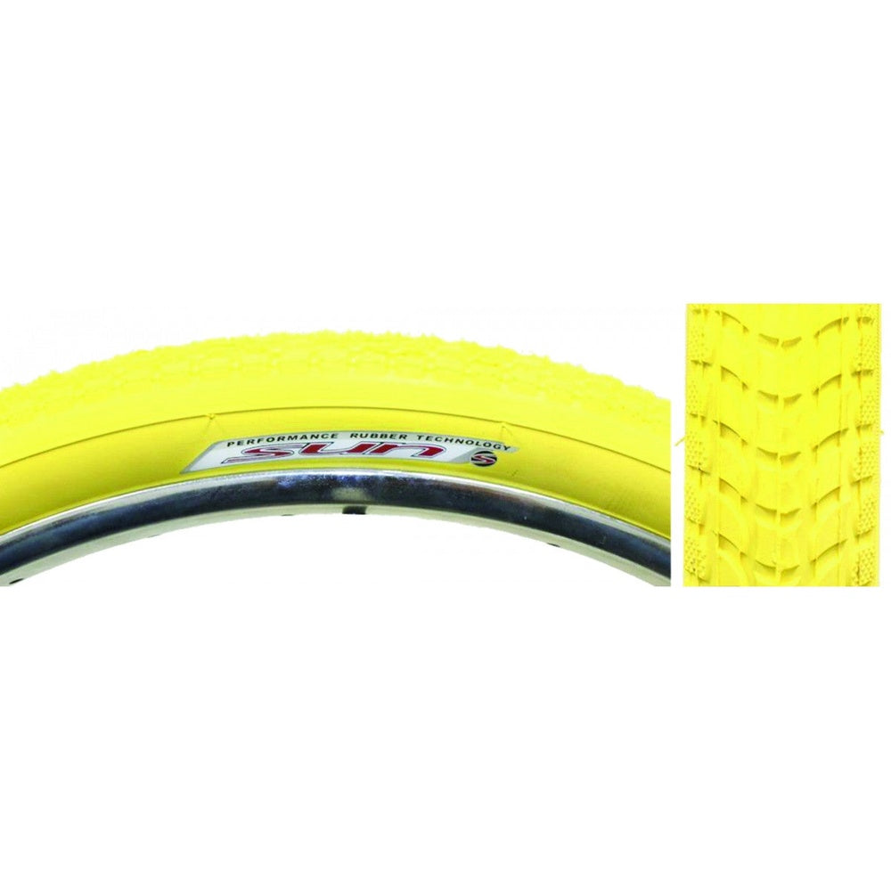 Sunlite yellow bicycle tire with chevron tread pattern on clean white background