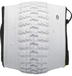 Bell white bicycle tire with knobby tread pattern on clean background