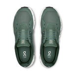 On Cloud 6 running shoes in olive green colorway on white background