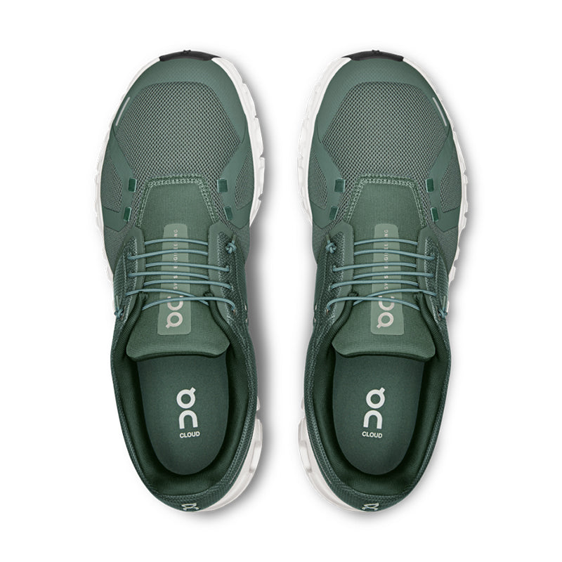 On Cloud 6 running shoes in olive green colorway on white background