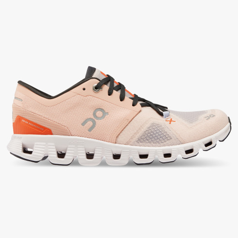 On Cloud X 3 women's running shoe in rose and sand colorway