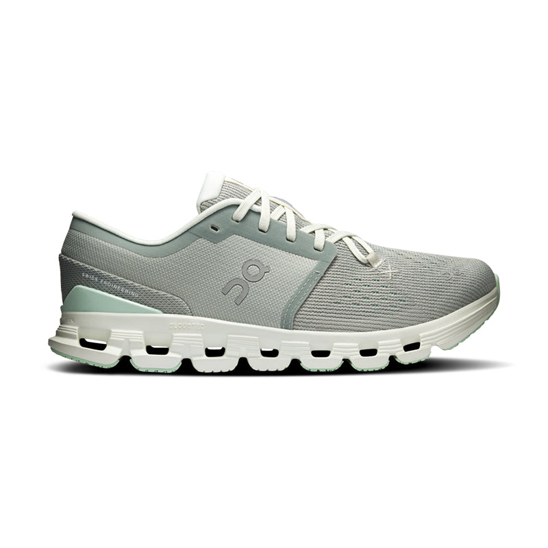 On Cloud X 4 running shoe in tin gray with iceberg mint accents