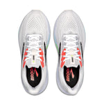 Brooks Ghost 17 mens running shoes in white with coral and gecko green accents, top view
