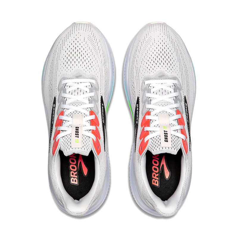 Brooks Ghost 17 mens running shoes in white with coral and gecko green accents, top view