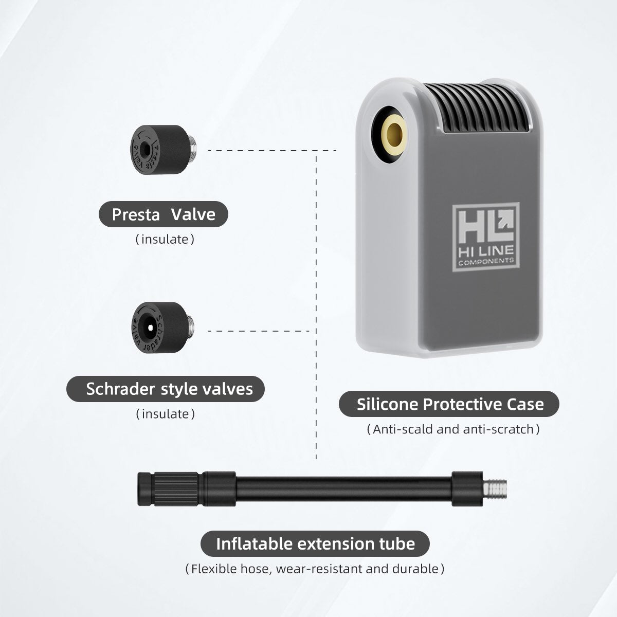 Hi Line Components electric tire pump with valve adapters and extension tube