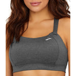 Woman wearing gray Brooks Juno sport bra with white logo