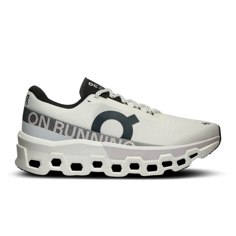 On Cloudmonster 2 running shoe in white with green logo and distinctive sole