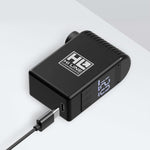 Black Hi-Line electric tire pump with digital display and USB cable on white background