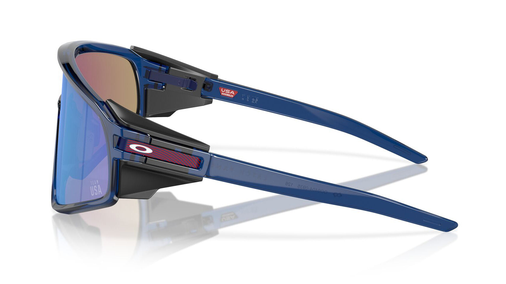 Oakley sunglasses with navy blue frame and blue mirrored lenses, side view