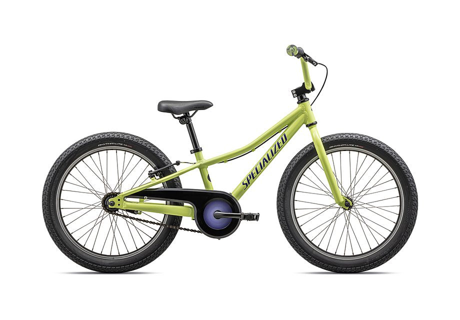 Specialized Riprock children's bike in bright green with black accents and purple chain guard