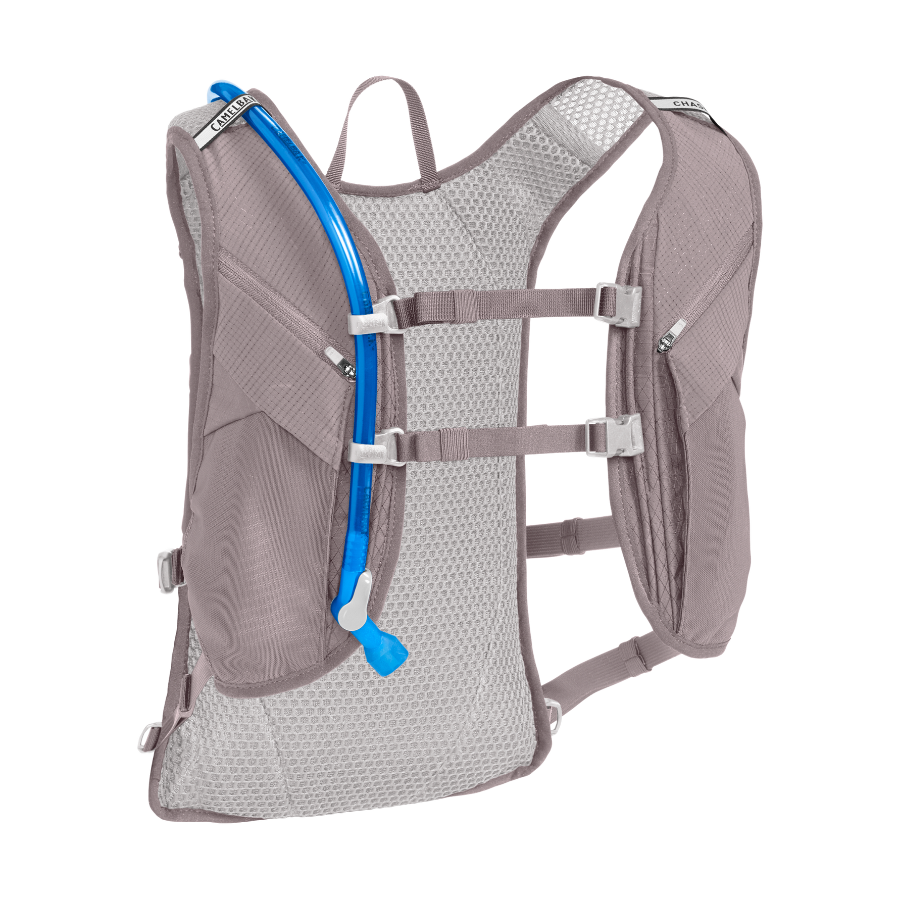 CamelBak hydration vest backpack in gray with blue water tube and mesh back panel