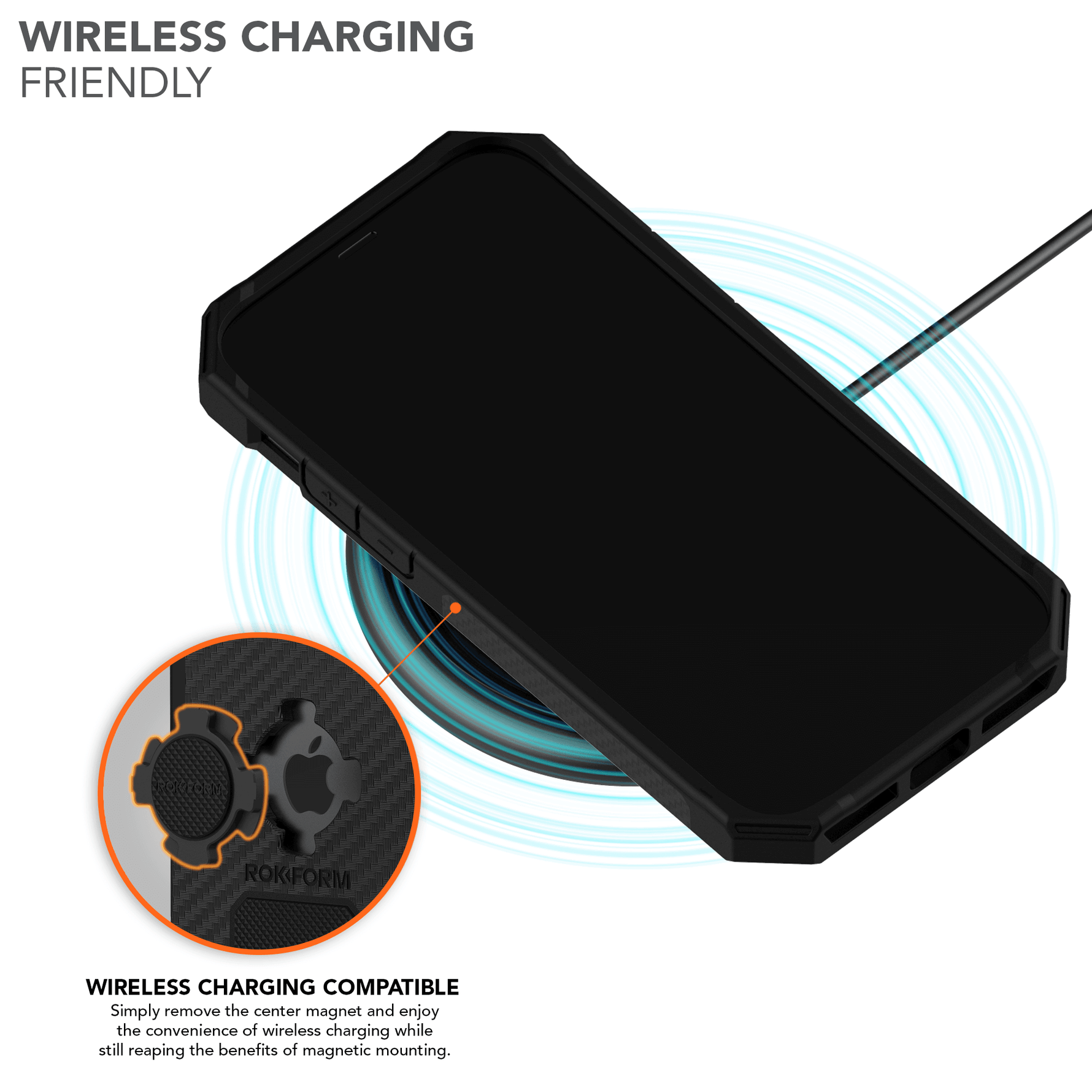 Black Rokform iPhone case with wireless charging compatibility and magnetic mount feature
