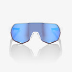 100% S2 sunglasses in matte white with blue mirror lens on reflective surface