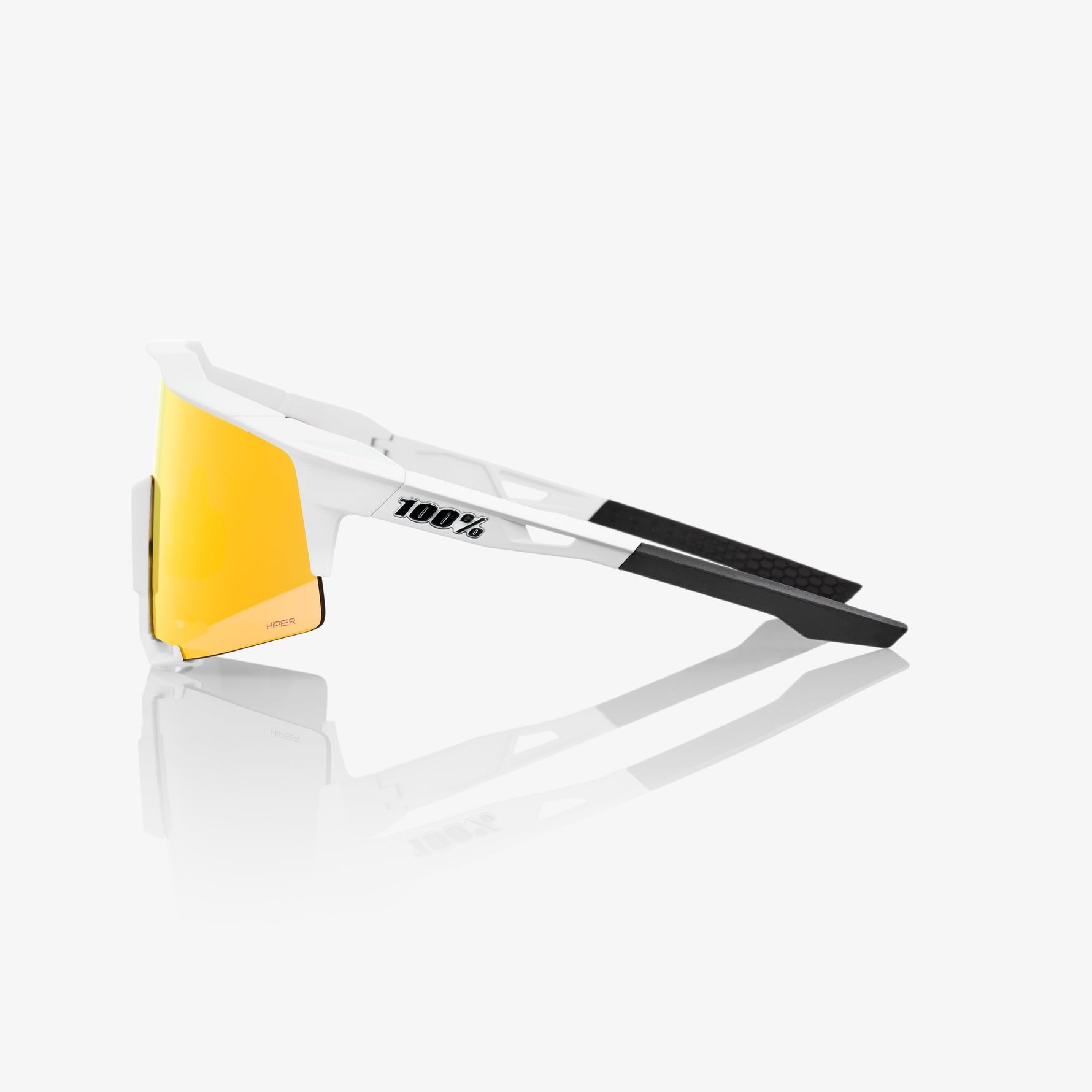 100% Speedcraft sunglasses with white frame and orange-red mirrored lens on reflective surface