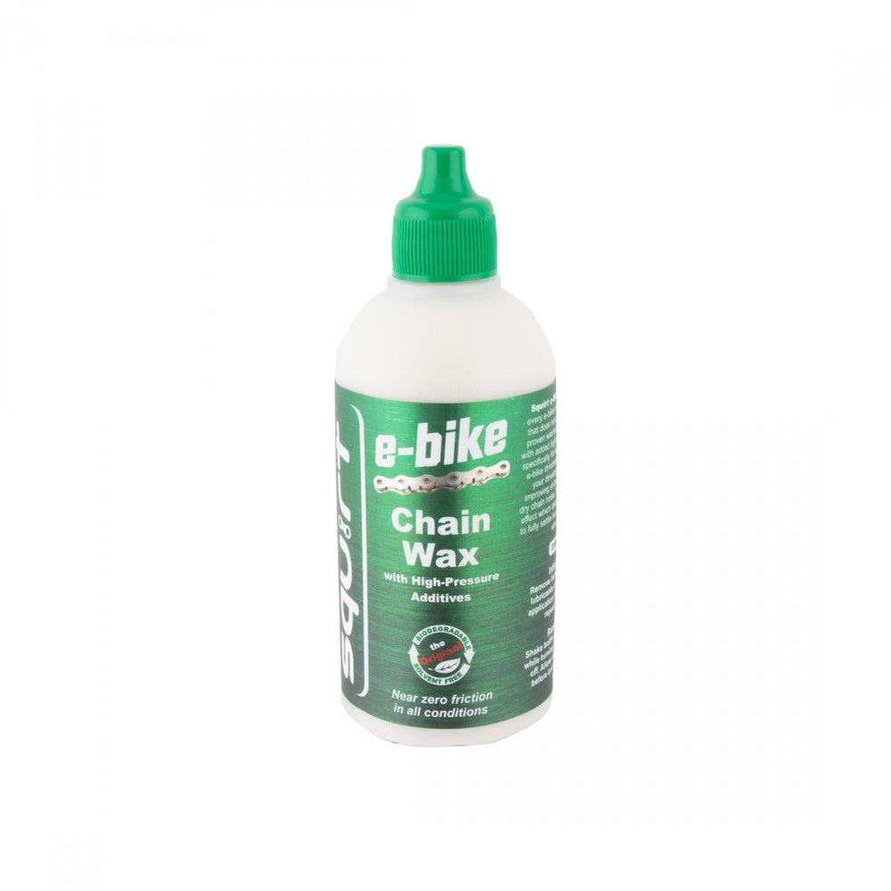 Squirt e-bike chain wax lubricant bottle with green cap and label
