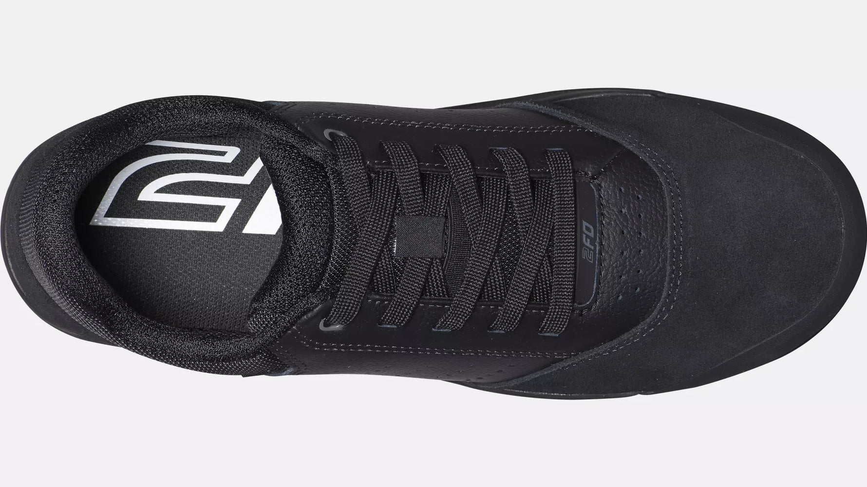 Top view of black Specialized 2FO Roost flat mountain bike shoe showing laces and interior