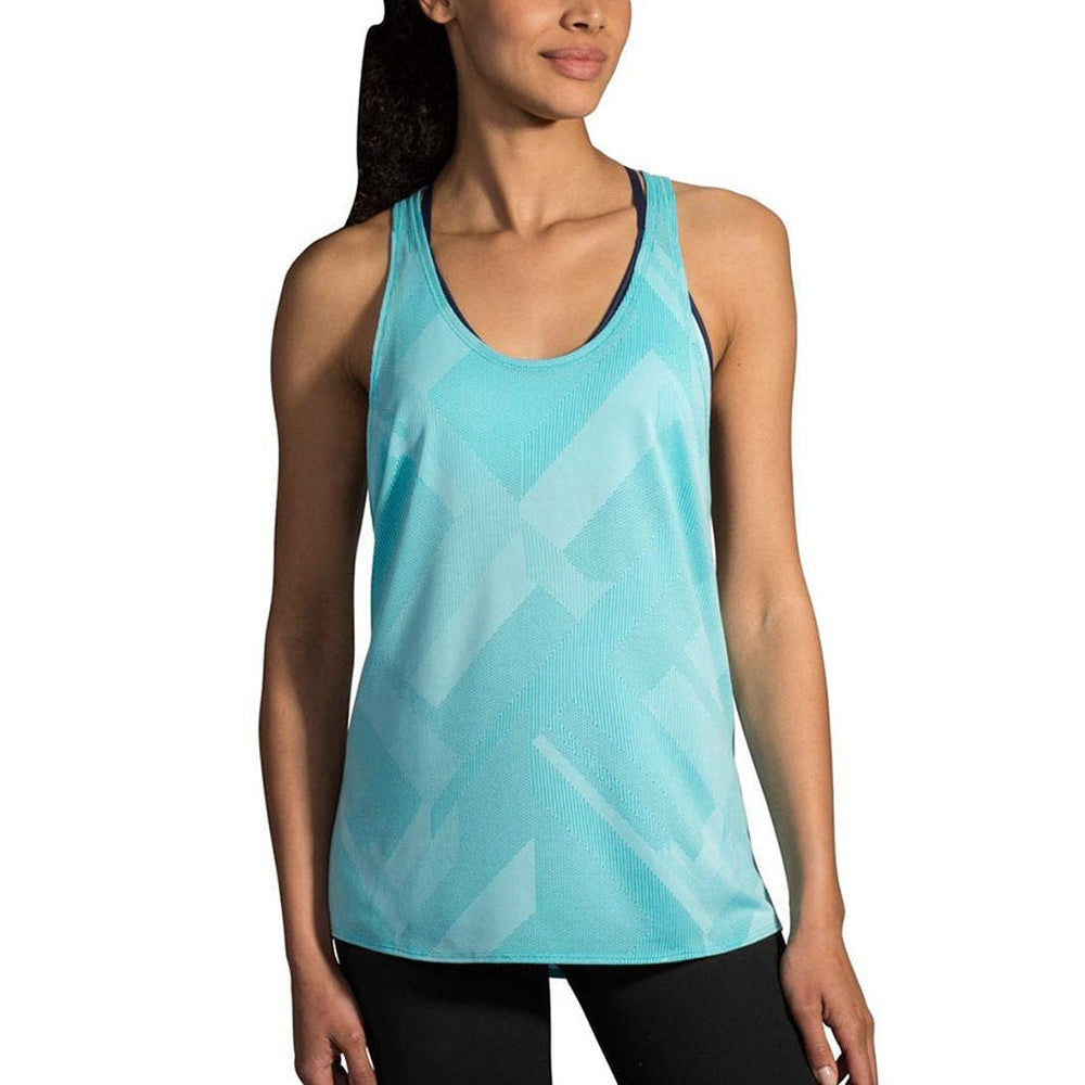 Brooks Array Tank in mint with geometric pattern, racerback style athletic top