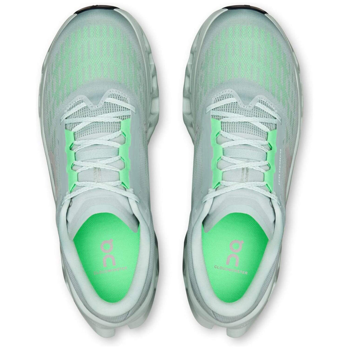 On Cloudmonster 3 running shoes Brook Flurry, top-down view showing bright green insoles