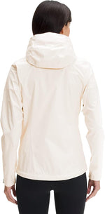 Woman wearing cream colored North Face Venture 2 jacket, back view showing hood