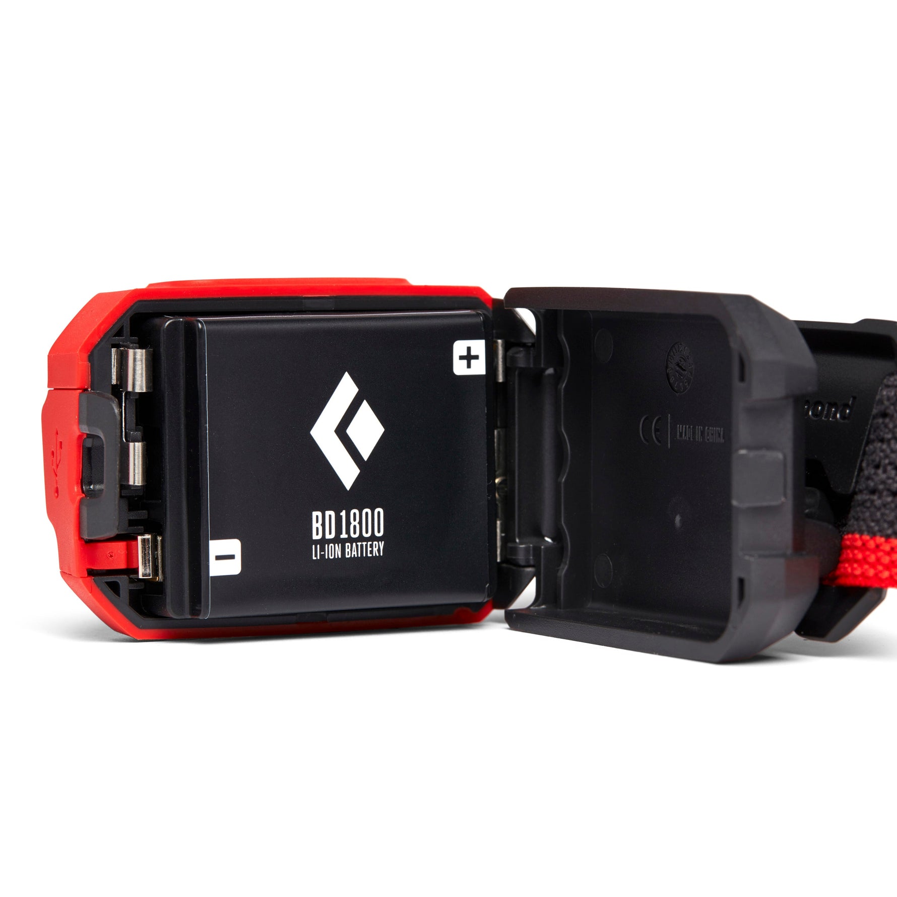 Black Diamond BD1800 rechargeable battery pack with open compartment showing lithium-ion battery