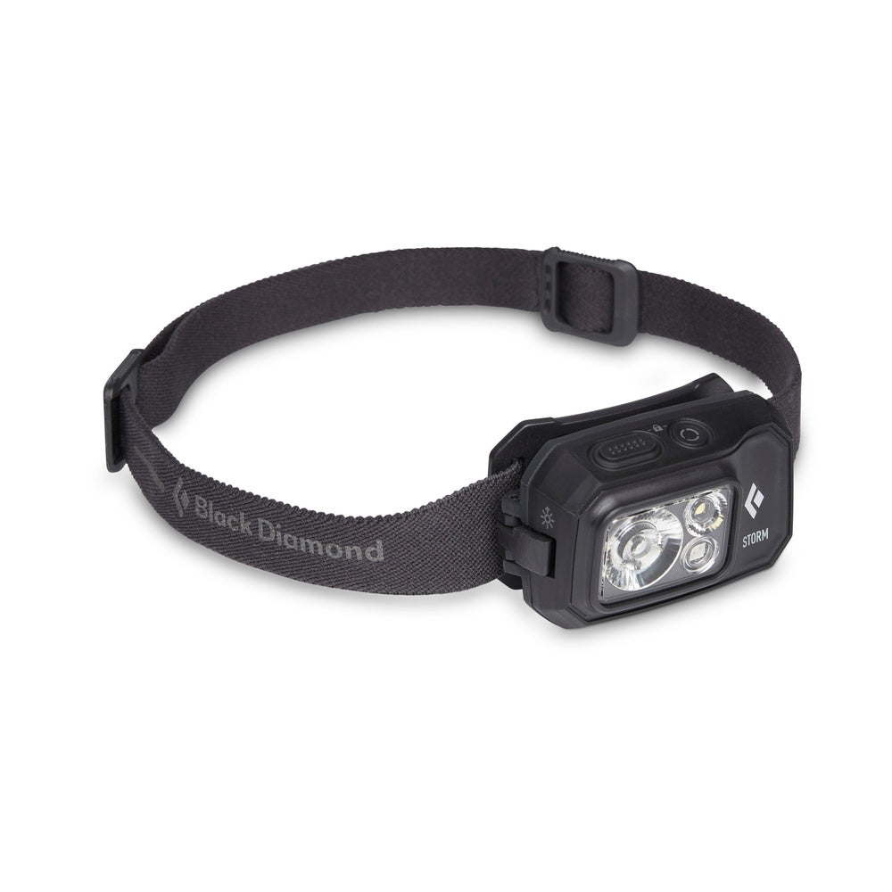 Black Diamond Storm headlamp with black elastic strap and LED lights