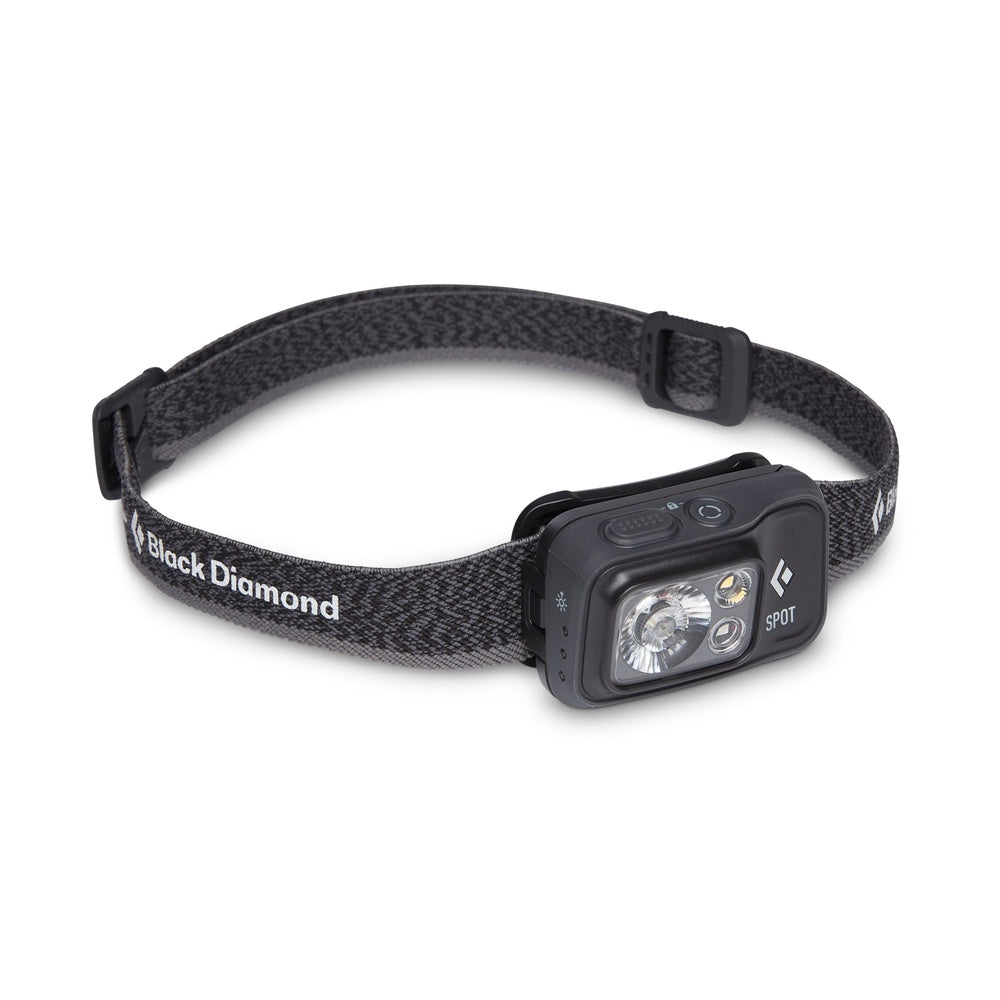 Black Diamond Spot headlamp with black strap on white background