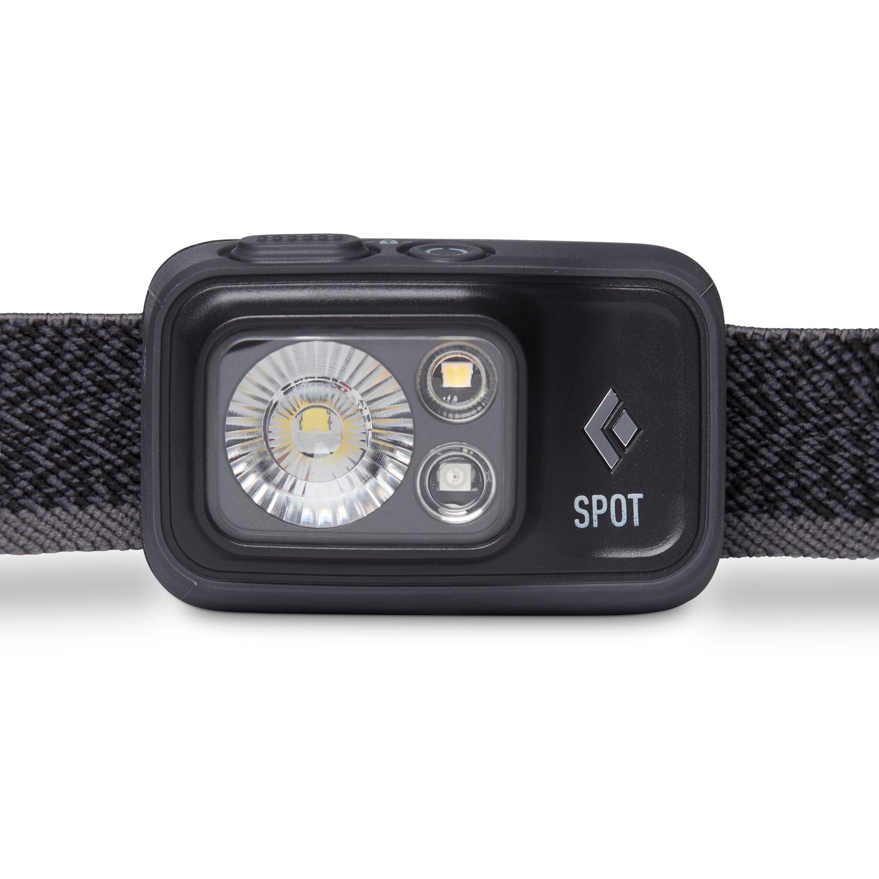 Black Diamond Spot headlamp with LED lights and fabric headband on white background