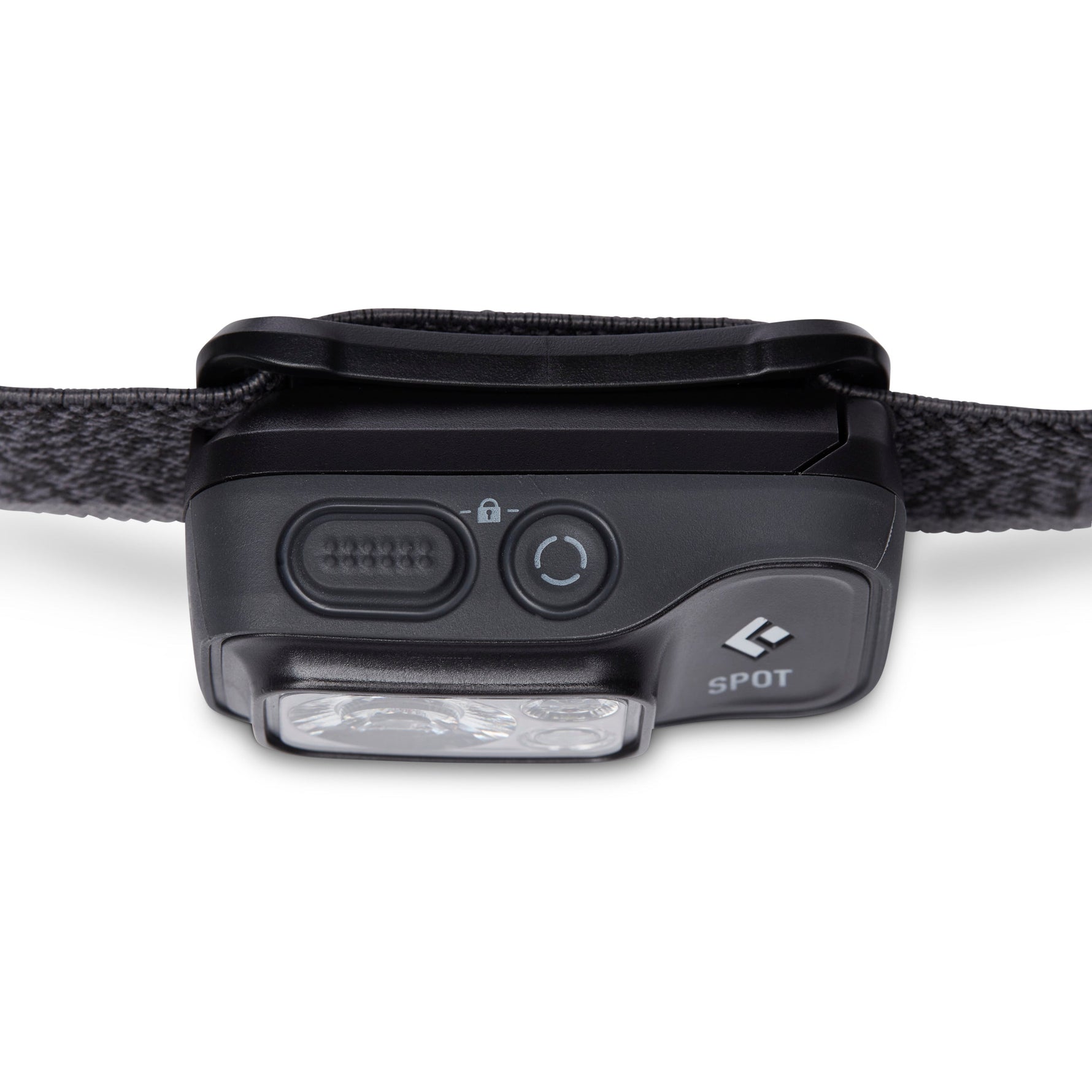 Black Diamond Spot headlamp with elastic headband on white background