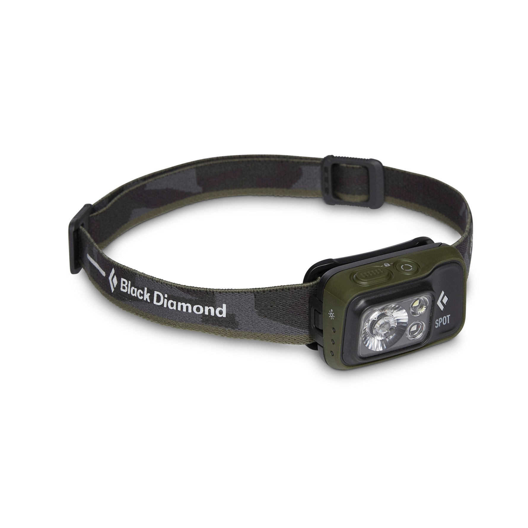Black Diamond Spot headlamp in dark olive green with adjustable strap