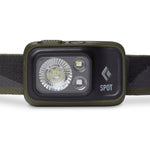 Black Diamond Spot headlamp in dark olive green with LED lights and fabric strap