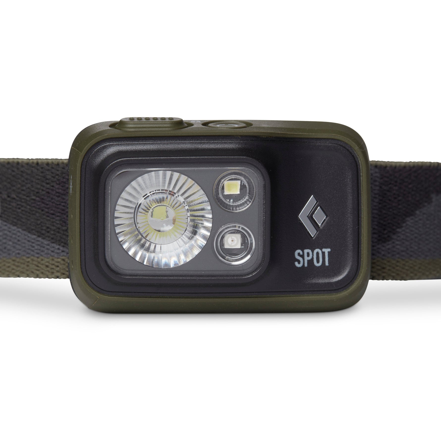 Black Diamond Spot headlamp in dark olive green with LED lights and fabric strap