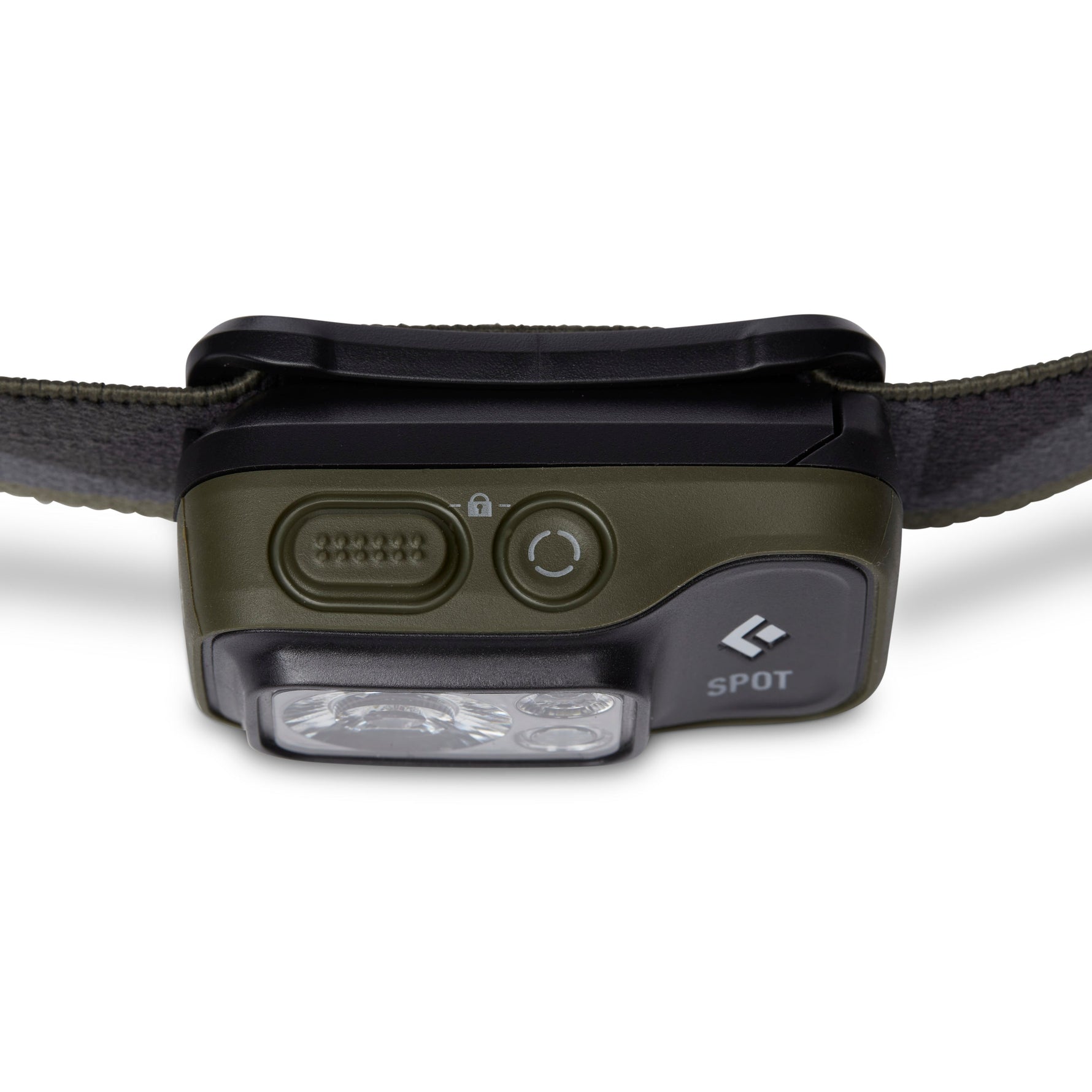 Black Diamond Spot headlamp in dark olive green with LED lights and headband
