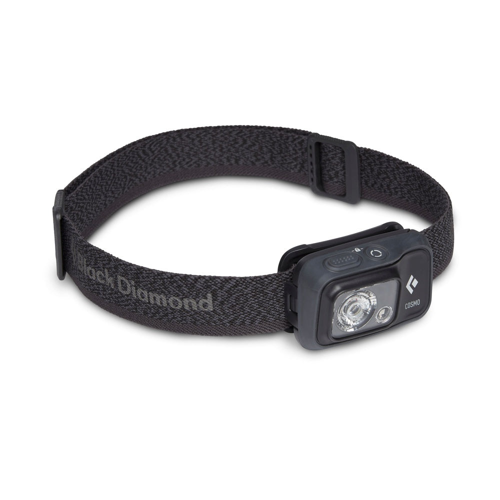 Black Diamond Cosmo headlamp with black fabric headband on white background