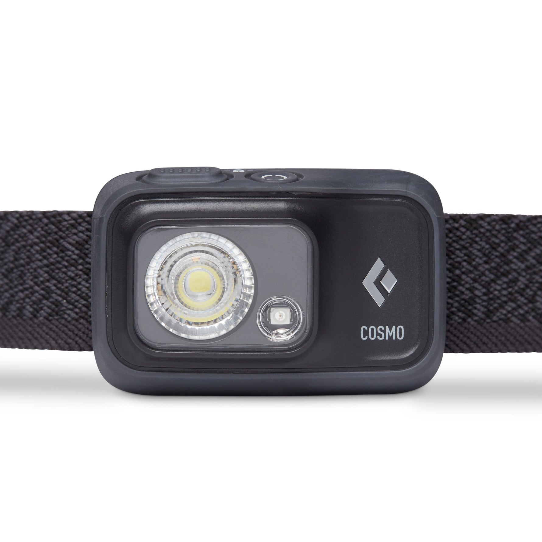 Black Diamond Cosmo headlamp with LED lights and adjustable strap on white background