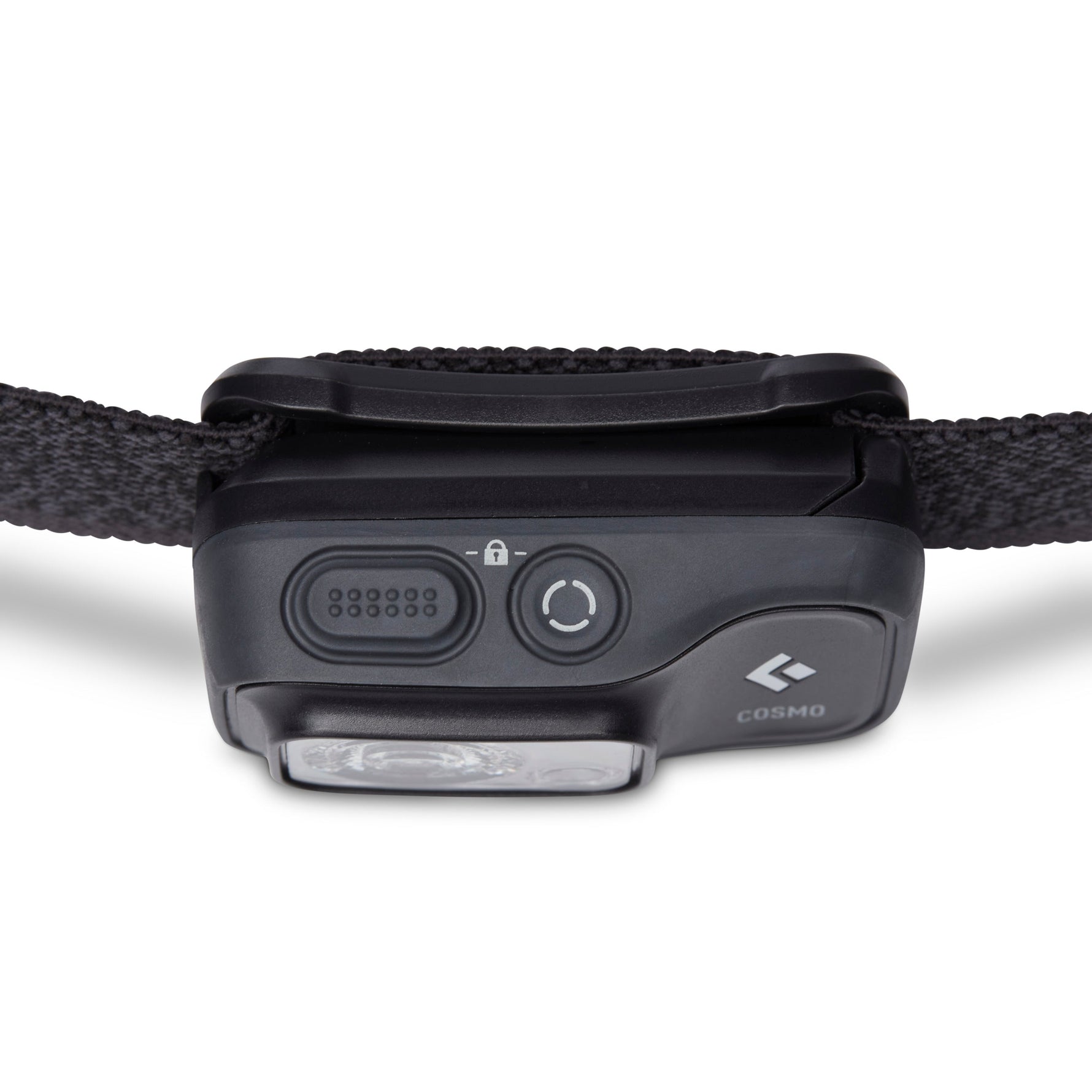 Black Diamond Cosmo headlamp showing charging port and power button details