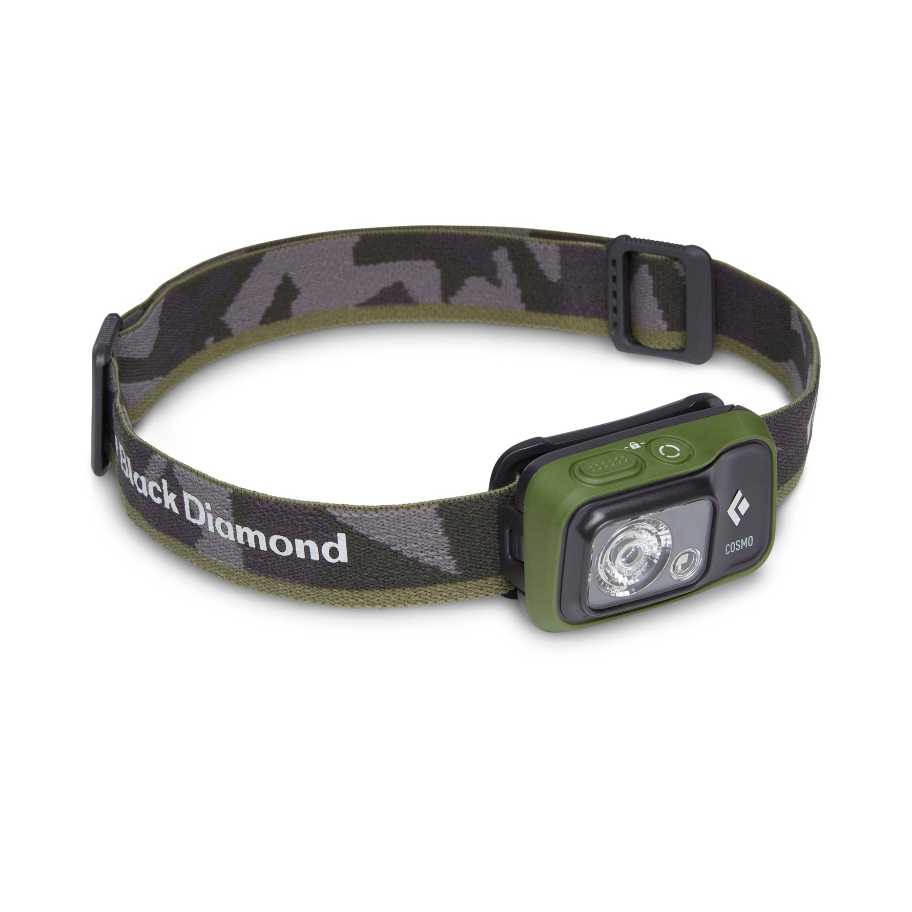 Black Diamond Cosmo headlamp with green body and camouflage patterned headband