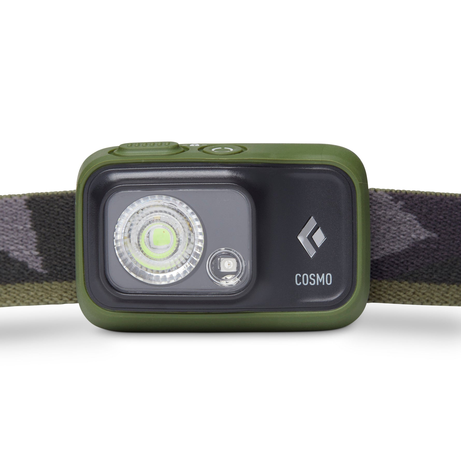 Black Diamond Cosmo headlamp in green with dual LED lights on clean background