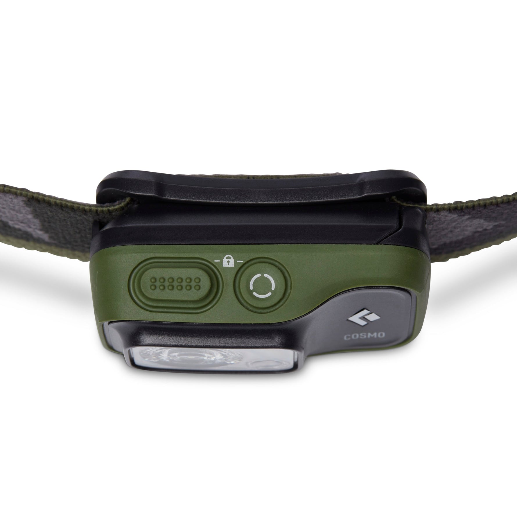 Black Diamond Cosmo headlamp in green with adjustable strap on white background