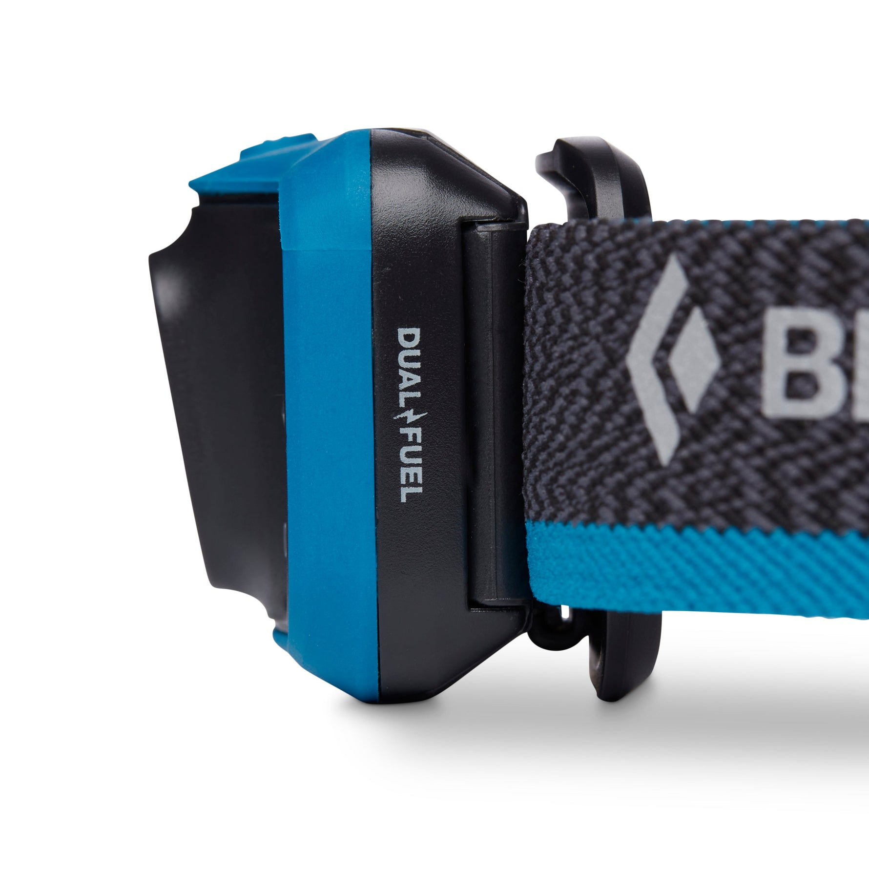 Black Diamond headlamp with blue accents and dual-fuel technology on white background
