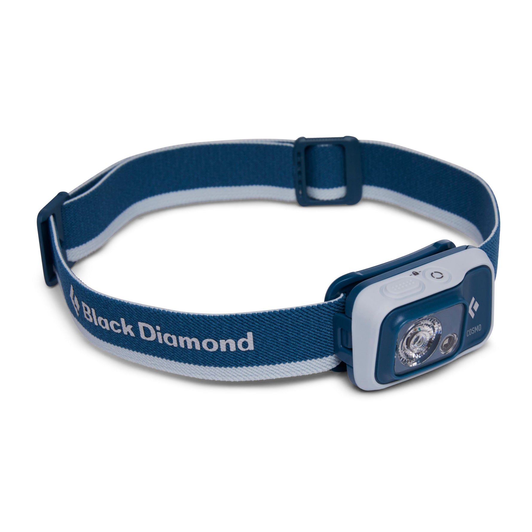 Black Diamond Cosmo headlamp with blue elastic headband on white background