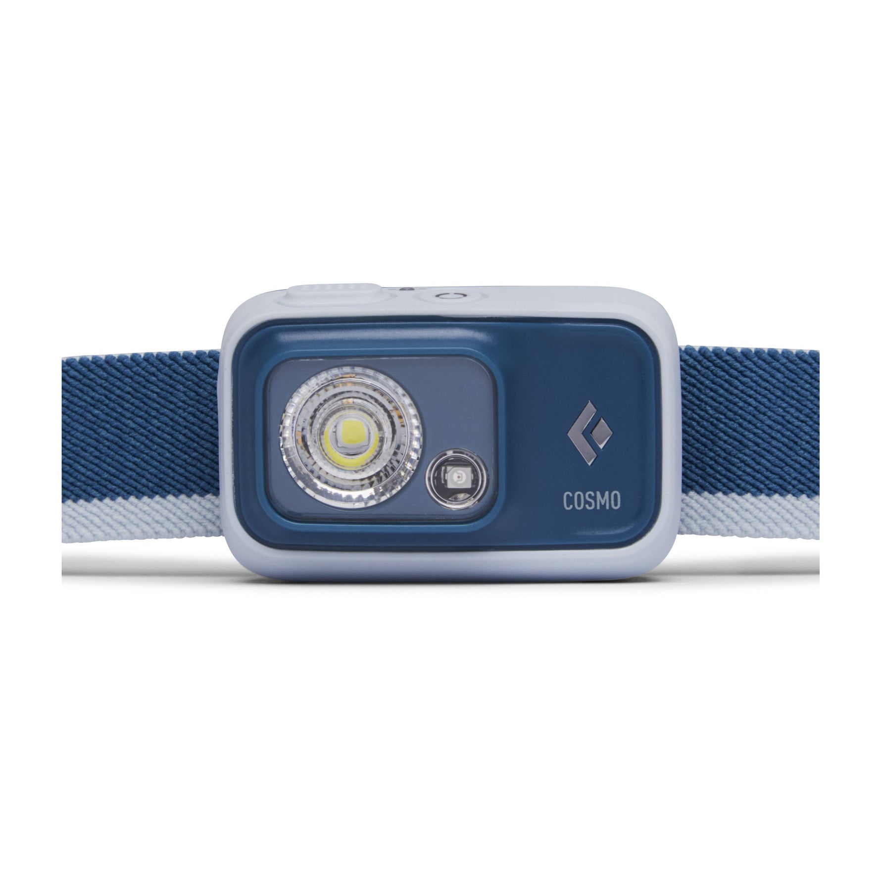 Black Diamond Cosmo headlamp in blue with white and blue striped band