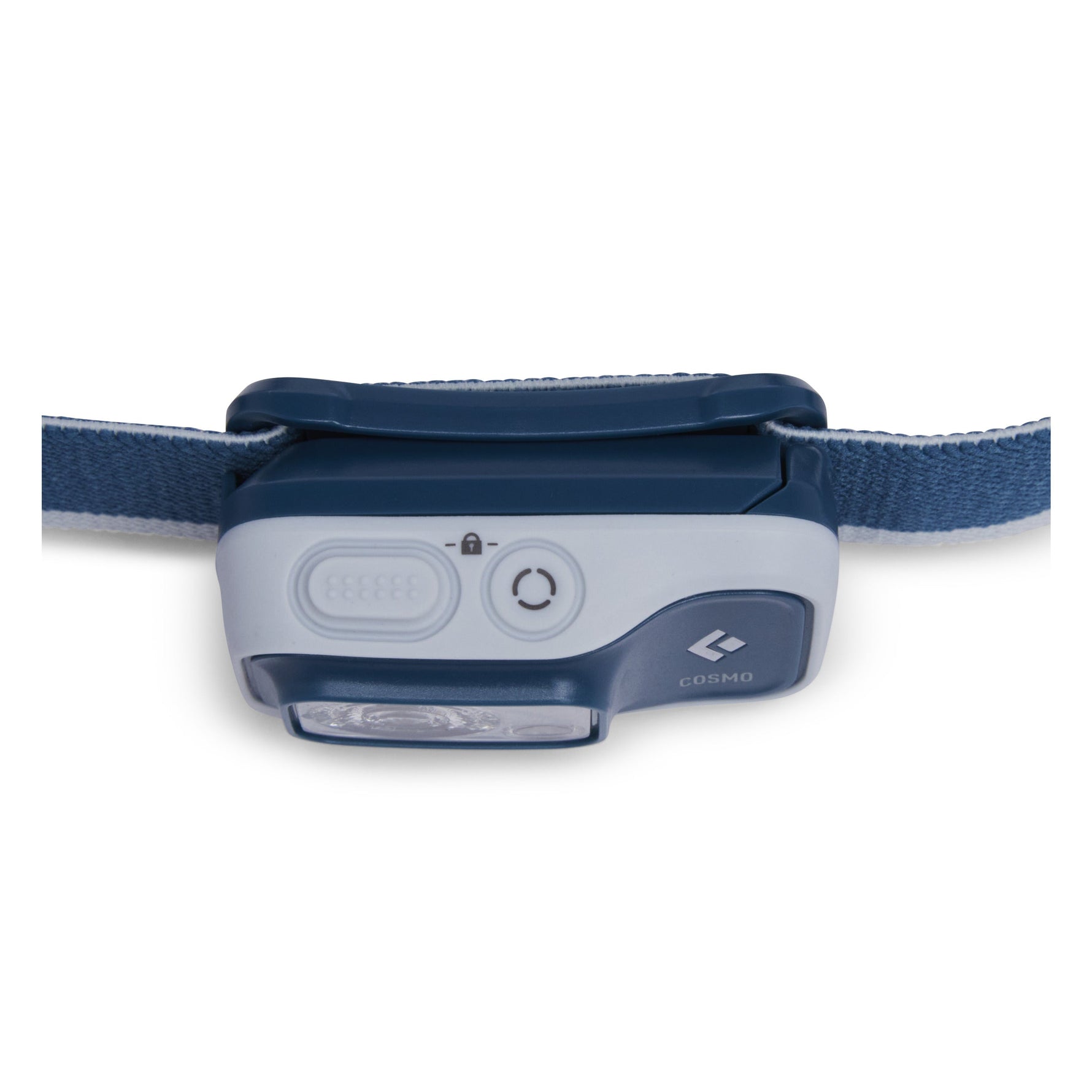 Black Diamond Cosmo headlamp in navy blue and white with adjustable strap