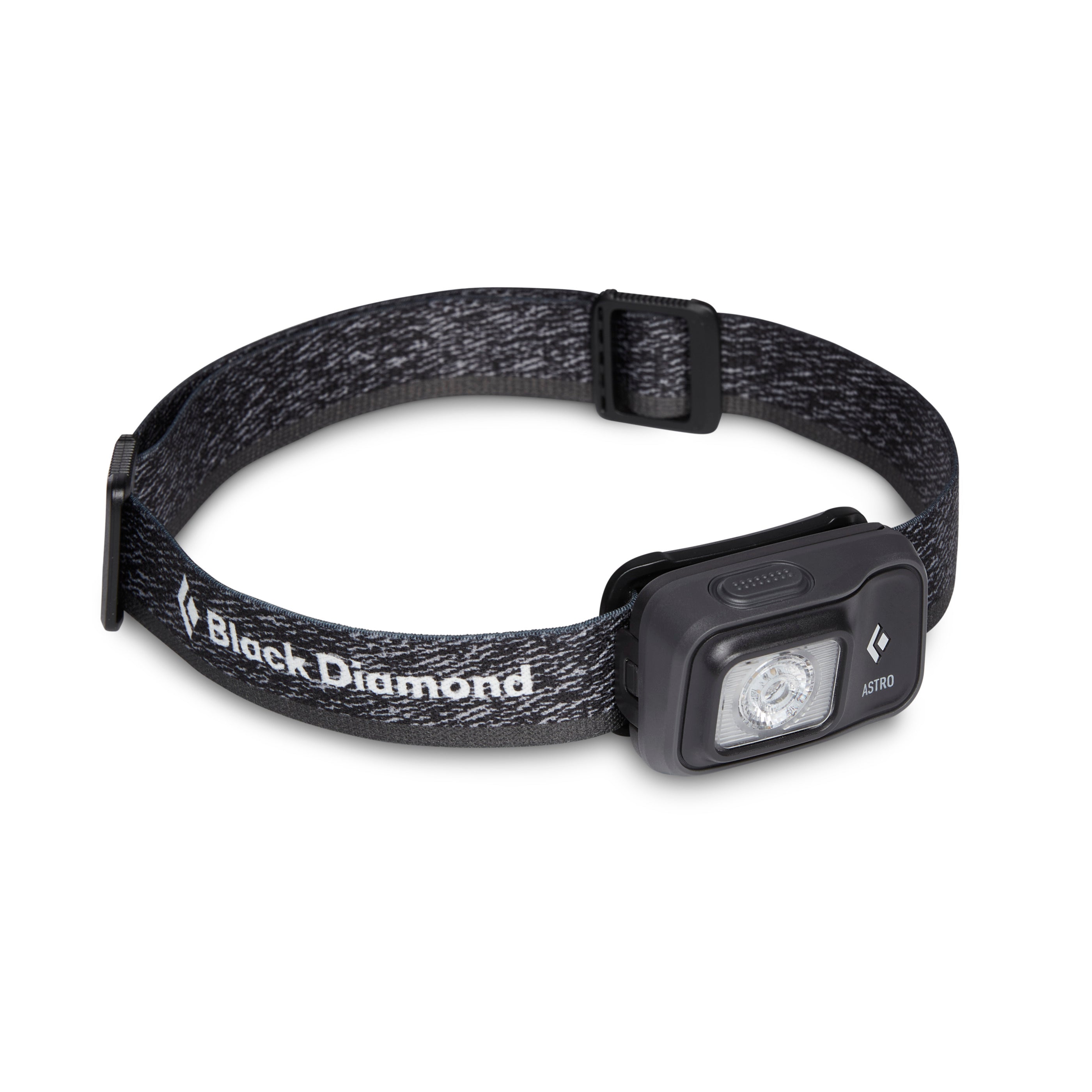 Black Diamond Astro headlamp with dark gray heathered strap on white background