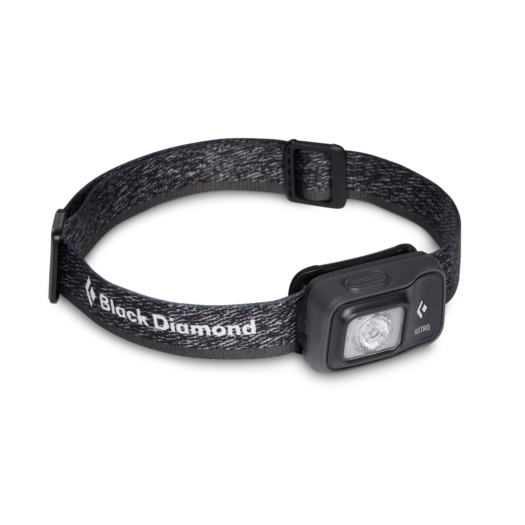 Black Diamond Astro headlamp with dark gray heathered strap on white background