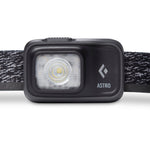 Black Diamond Astro headlamp with LED light and adjustable strap on white background