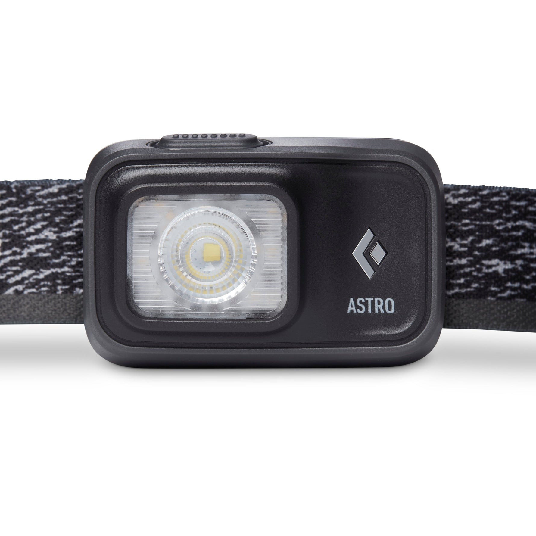 Black Diamond Astro headlamp with LED light and adjustable strap on white background
