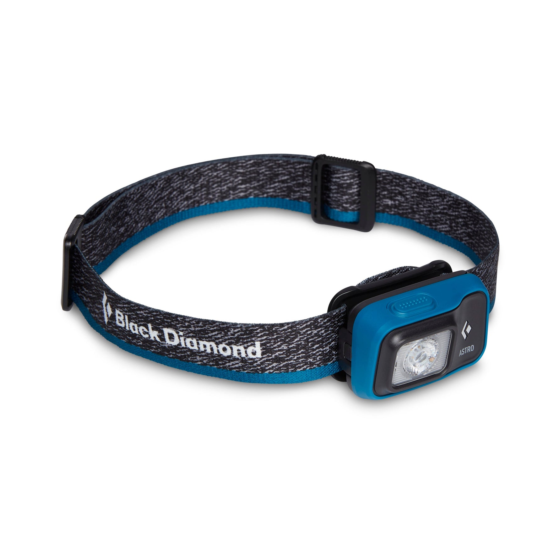 Black Diamond Astro headlamp with blue accents and heathered gray strap