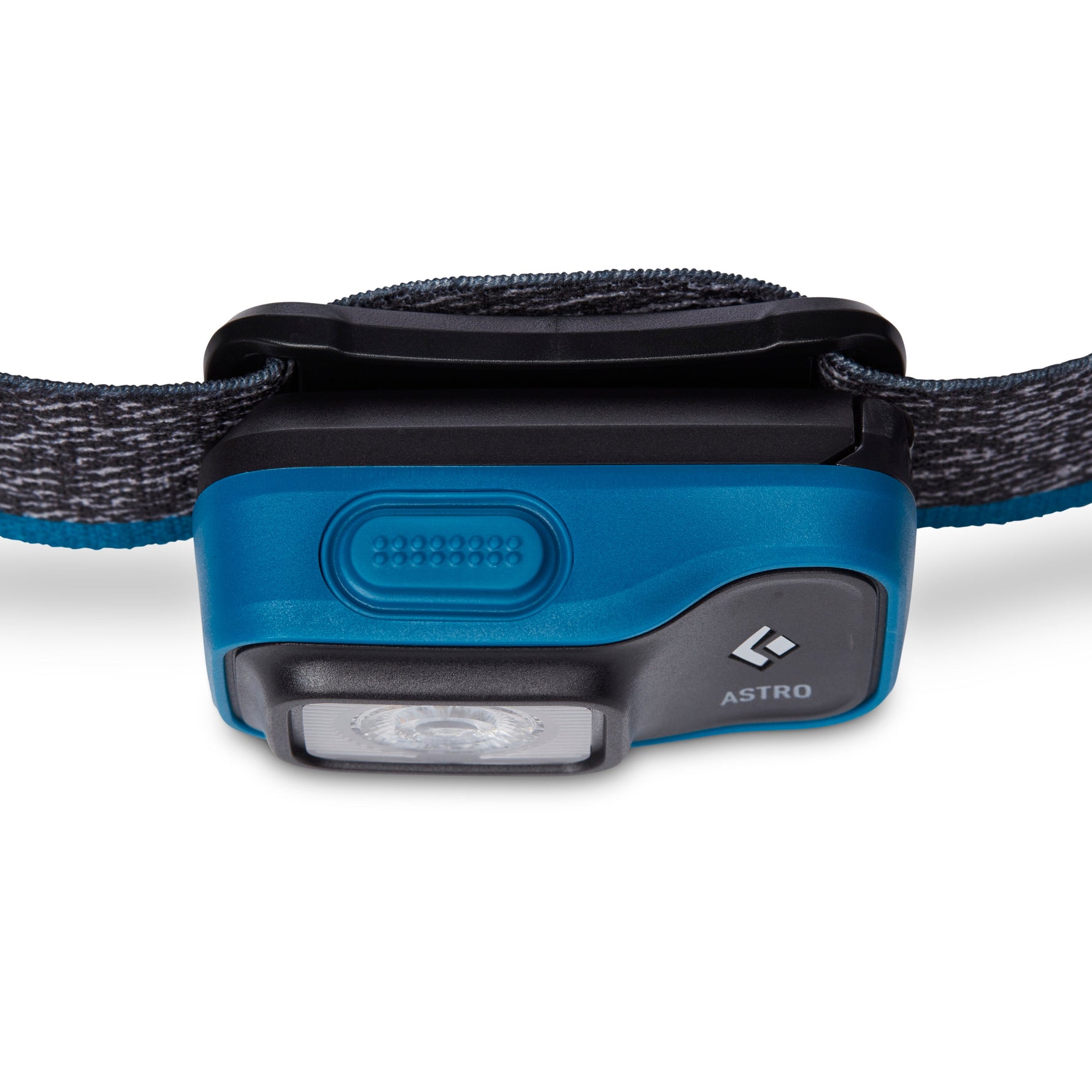 Black Diamond Astro headlamp in blue with black strap on white background